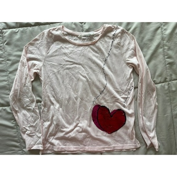 H&M Pink Sequined Heart Long Sleeved Top Size Girl's 8-10 Y Crew Neck - Picture 1 of 16